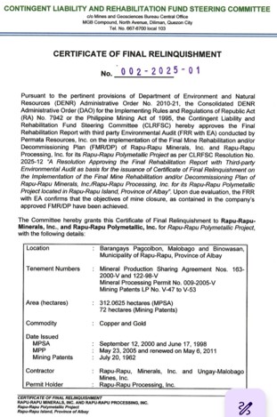MGB Approval for Final Mine Rehabilitation on August 20, 2025 - The First Case in the Philippines 1