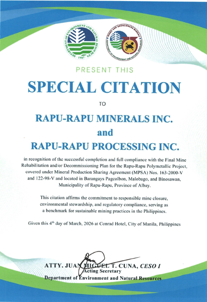 Special Citation from the DENR Secretary on March 4, 2026 for Excellence in Mine Rehabilitation 3
